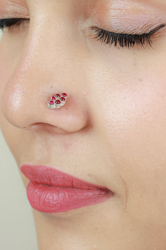 925 Silver Nosepin| Nazakat Ruby Oval Silver Nosepin