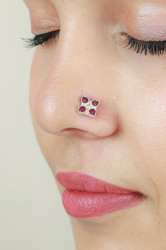 925 Silver Nosepin| Nazakat Ruby Square Silver Nosepin