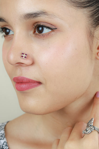 925 Silver Nosepin| Nazakat Ruby Square Silver Nosepin