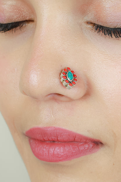 925 Silver Nosepin| Nazakat Coral And Turquoise Silver Nosepin