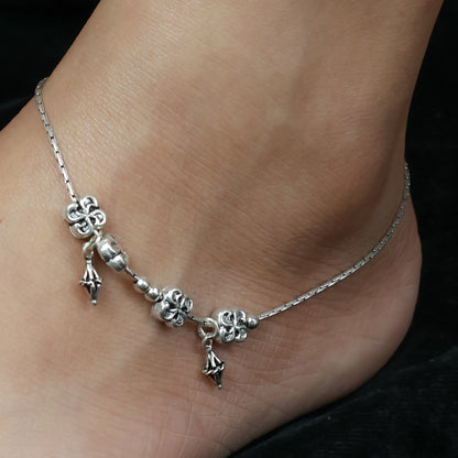 925 Silver Anklet| Nazakat Floral Ghungroo Silver Anklet