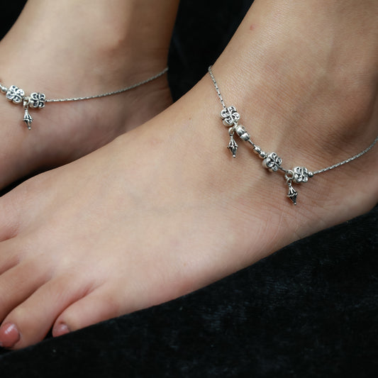 925 Silver Anklet| Nazakat Floral Ghungroo Silver Anklet