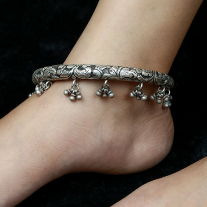 925 Silver Anklet| Noor Chitai Phool Pati With Ghungru Kada Anklet( Single Piece)