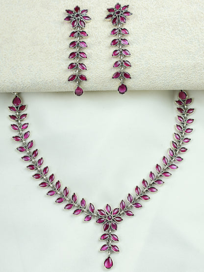Ayushi Semiprecious Delicate Ruby Phool Pati & Petals Silver Necklace With Earrings