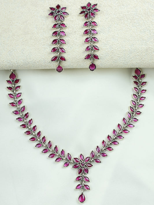 Ayushi Semiprecious Delicate Ruby Phool Pati & Petals Silver Necklace With Earrings