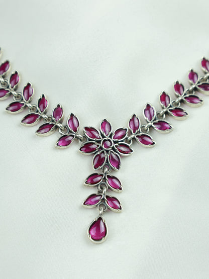 Ayushi Semiprecious Delicate Ruby Phool Pati & Petals Silver Necklace With Earrings