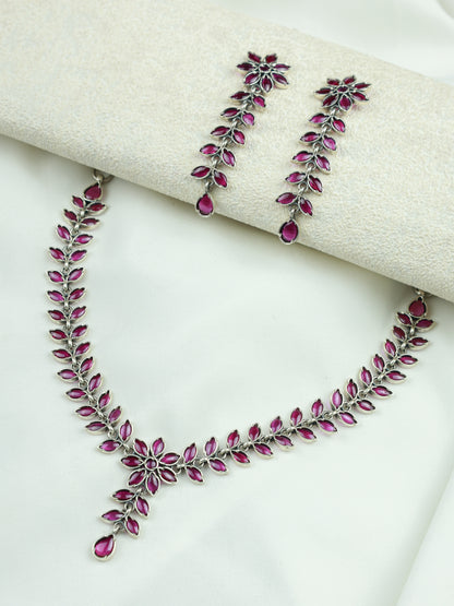 Ayushi Semiprecious Delicate Ruby Phool Pati & Petals Silver Necklace With Earrings