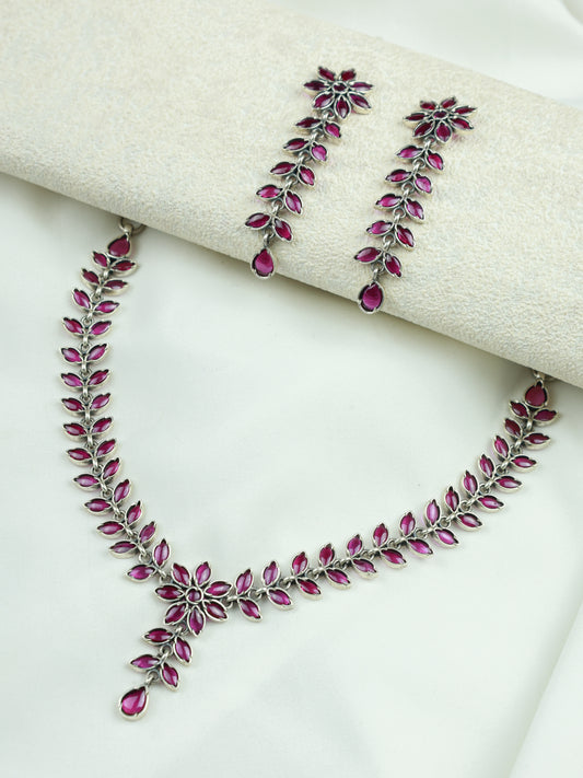 Ayushi Semiprecious Delicate Ruby Phool Pati & Petals Silver Necklace With Earrings