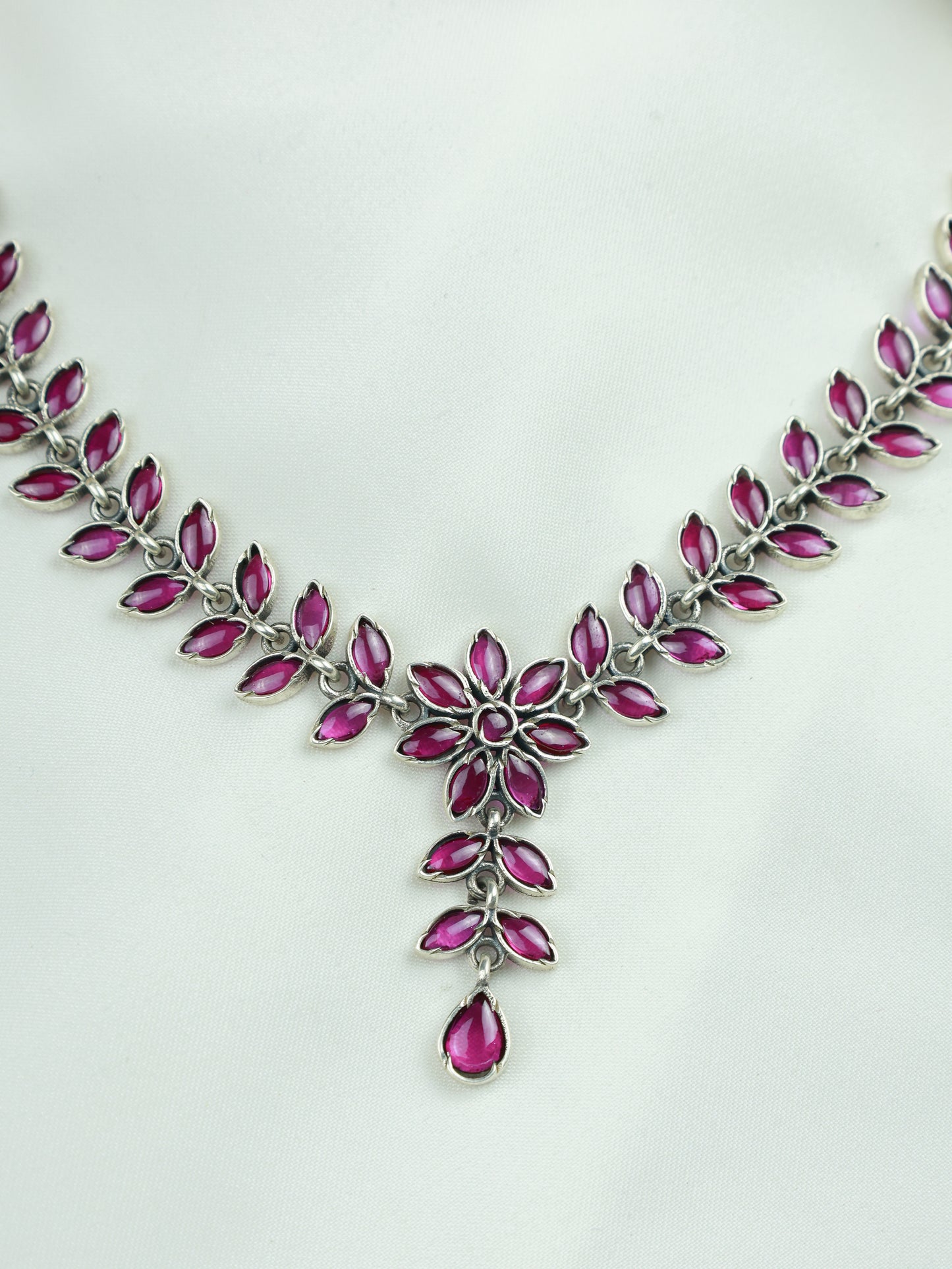 Ayushi Semiprecious Delicate Ruby Phool Pati & Petals Silver Necklace With Earrings