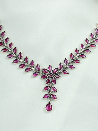 Ayushi Semiprecious Delicate Ruby Phool Pati & Petals Silver Necklace With Earrings