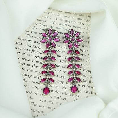 Ayushi Semiprecious Delicate Ruby Phool Pati & Petals Silver Necklace With Earrings