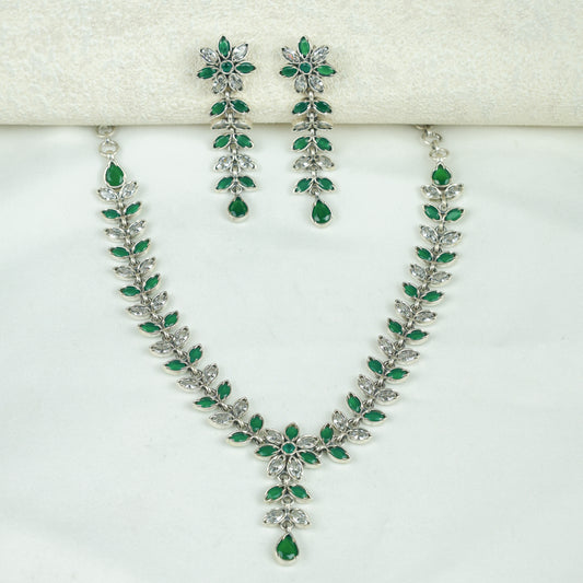 Ayushi Semiprecious Delicate Emerald & Zircon Flower And Petals Silver Necklace Set With Earrings