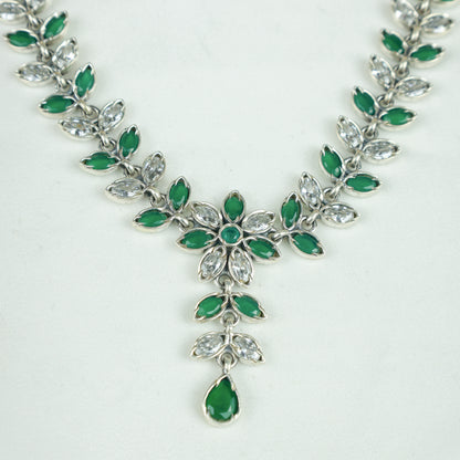 Ayushi Semiprecious Delicate Emerald & Zircon Flower And Petals Silver Necklace Set With Earrings