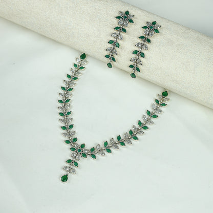 Ayushi Semiprecious Delicate Emerald & Zircon Flower And Petals Silver Necklace Set With Earrings