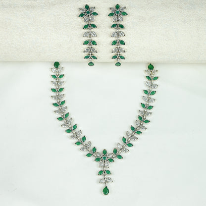 Ayushi Semiprecious Delicate Emerald & Zircon Flower And Petals Silver Necklace Set With Earrings