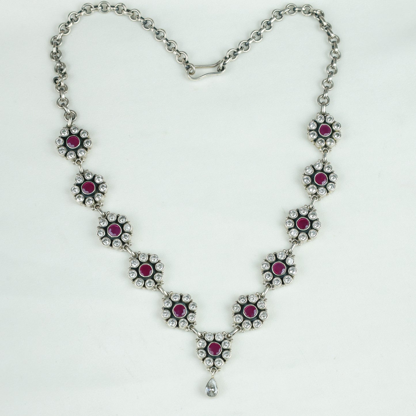 Ayushi Semiprecious Ruby & Zircon Silver Daisy Necklace Set