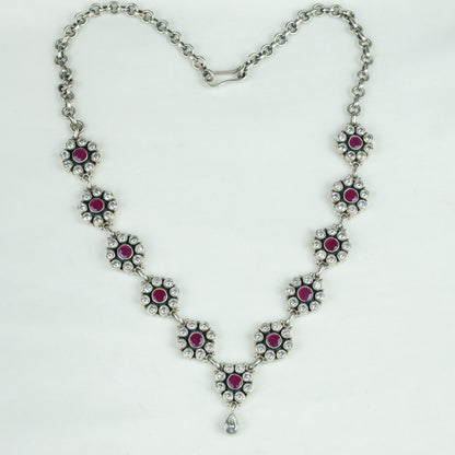 Ayushi Semiprecious Ruby & Zircon Silver Daisy Necklace Set
