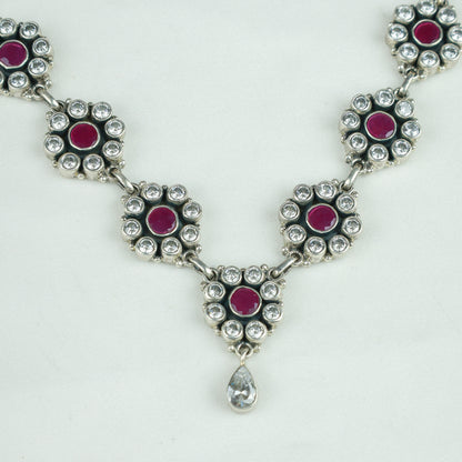 Ayushi Semiprecious Ruby & Zircon Silver Daisy Necklace Set