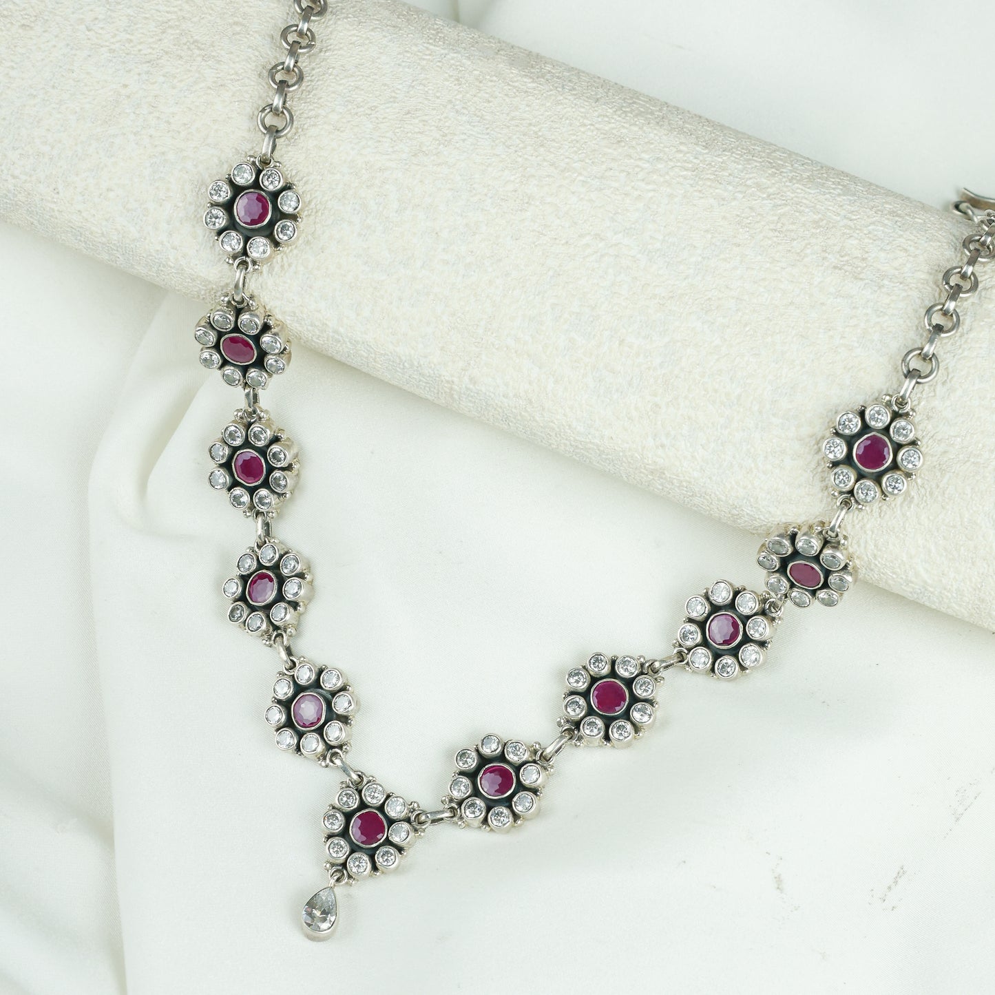 Ayushi Semiprecious Ruby & Zircon Silver Daisy Necklace Set