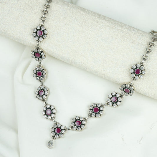 Ayushi Semiprecious Ruby & Zircon Silver Daisy Necklace Set