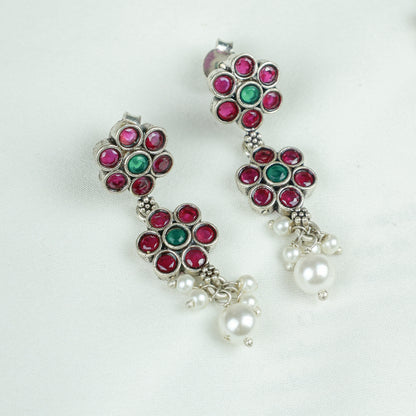 Ayushi Semiprecious Delicate Ruby & Emerald Floral Silver Necklace Set