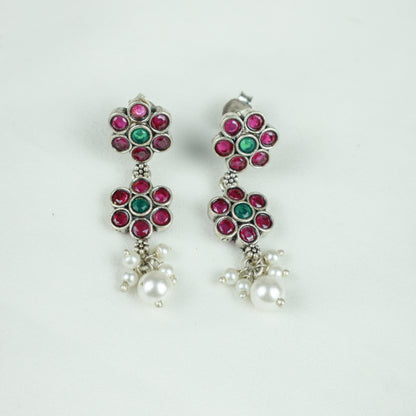 Ayushi Semiprecious Delicate Ruby & Emerald Floral Silver Necklace Set