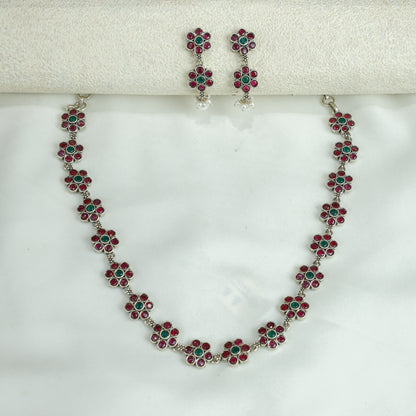 Ayushi Semiprecious Delicate Ruby & Emerald Floral Silver Necklace Set