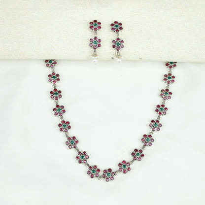Ayushi Semiprecious Delicate Ruby & Emerald Floral Silver Necklace Set