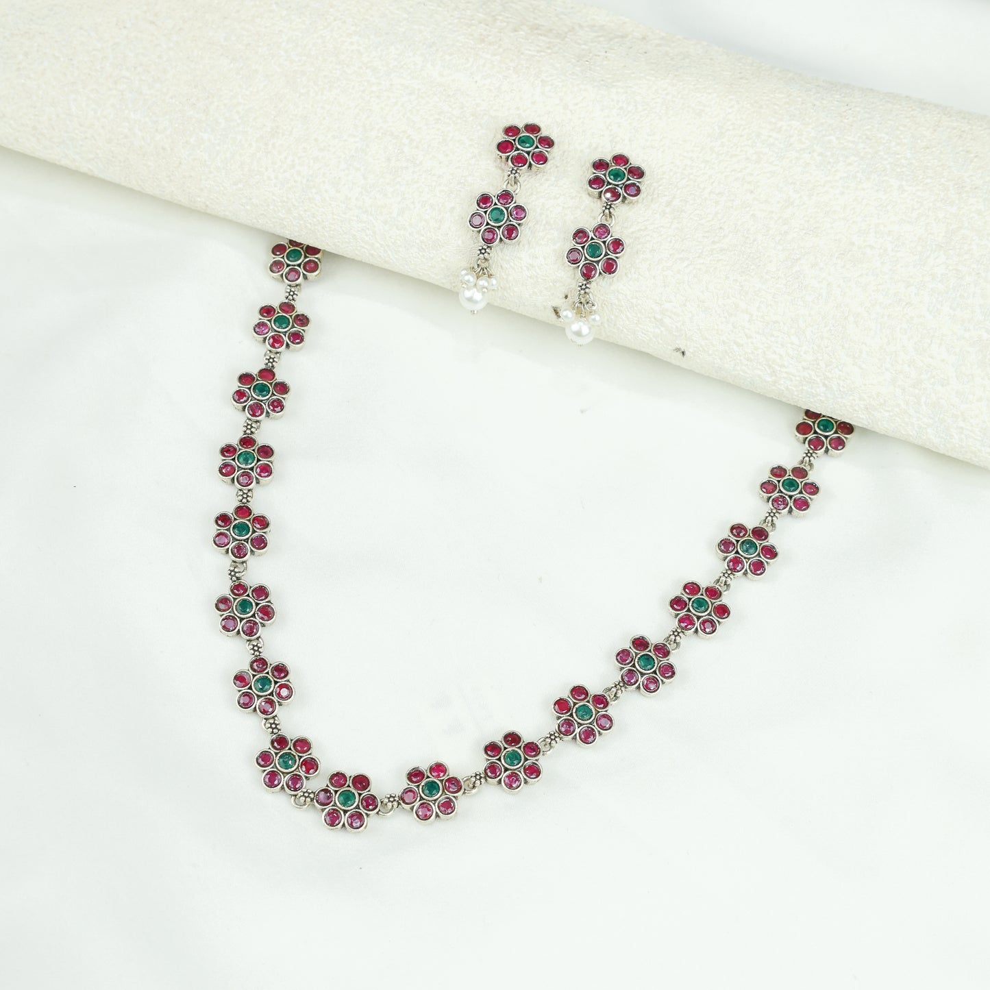 Ayushi Semiprecious Delicate Ruby & Emerald Floral Silver Necklace Set