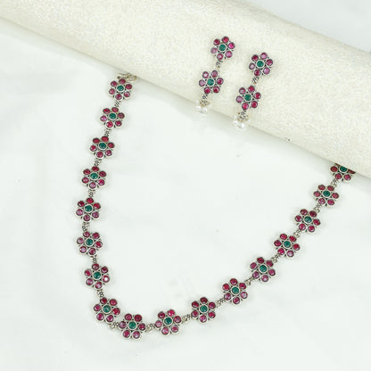 Ayushi Semiprecious Delicate Ruby & Emerald Floral Silver Necklace Set