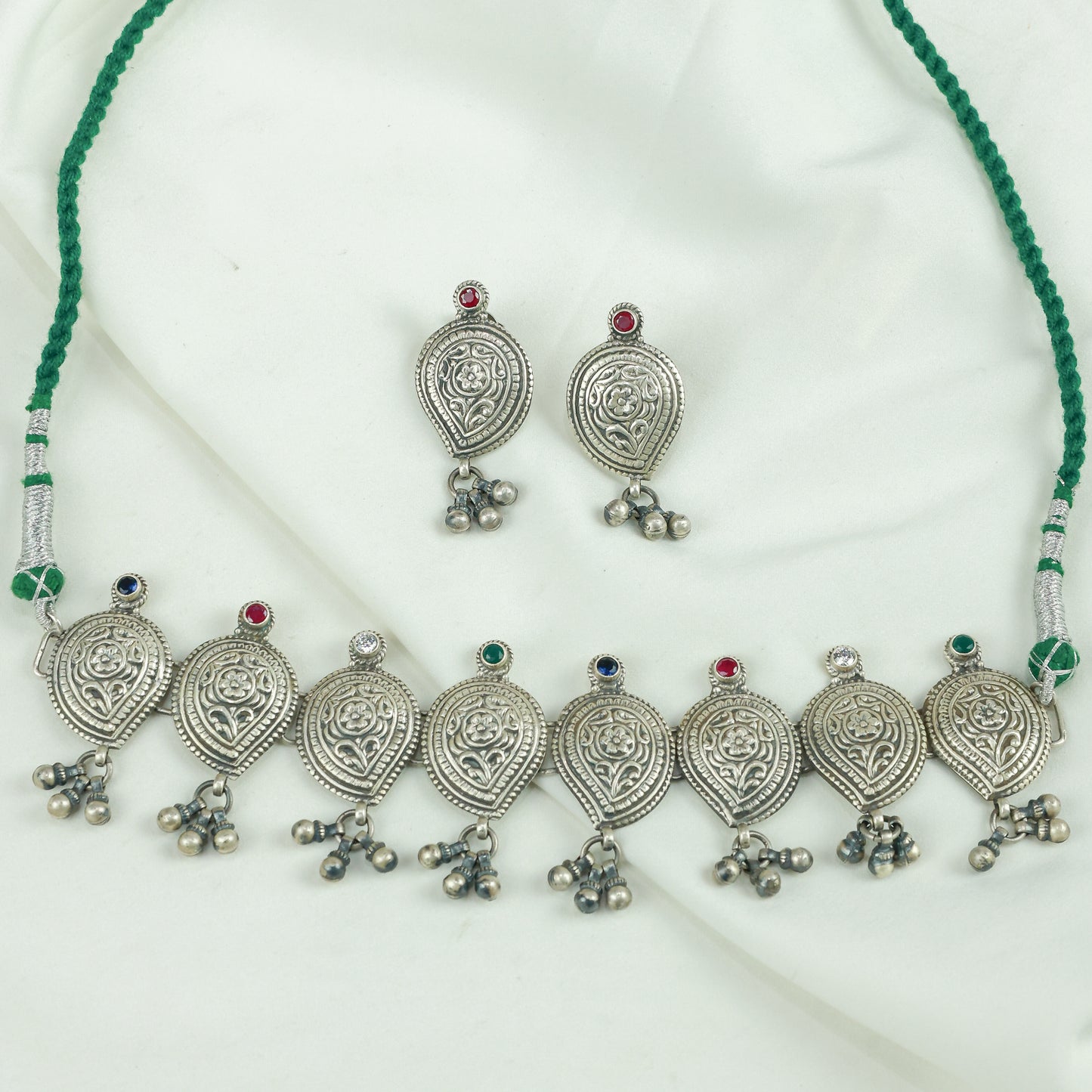 Peshwa Teardrop Multi Stone Silver Choker Necklace With Earrings