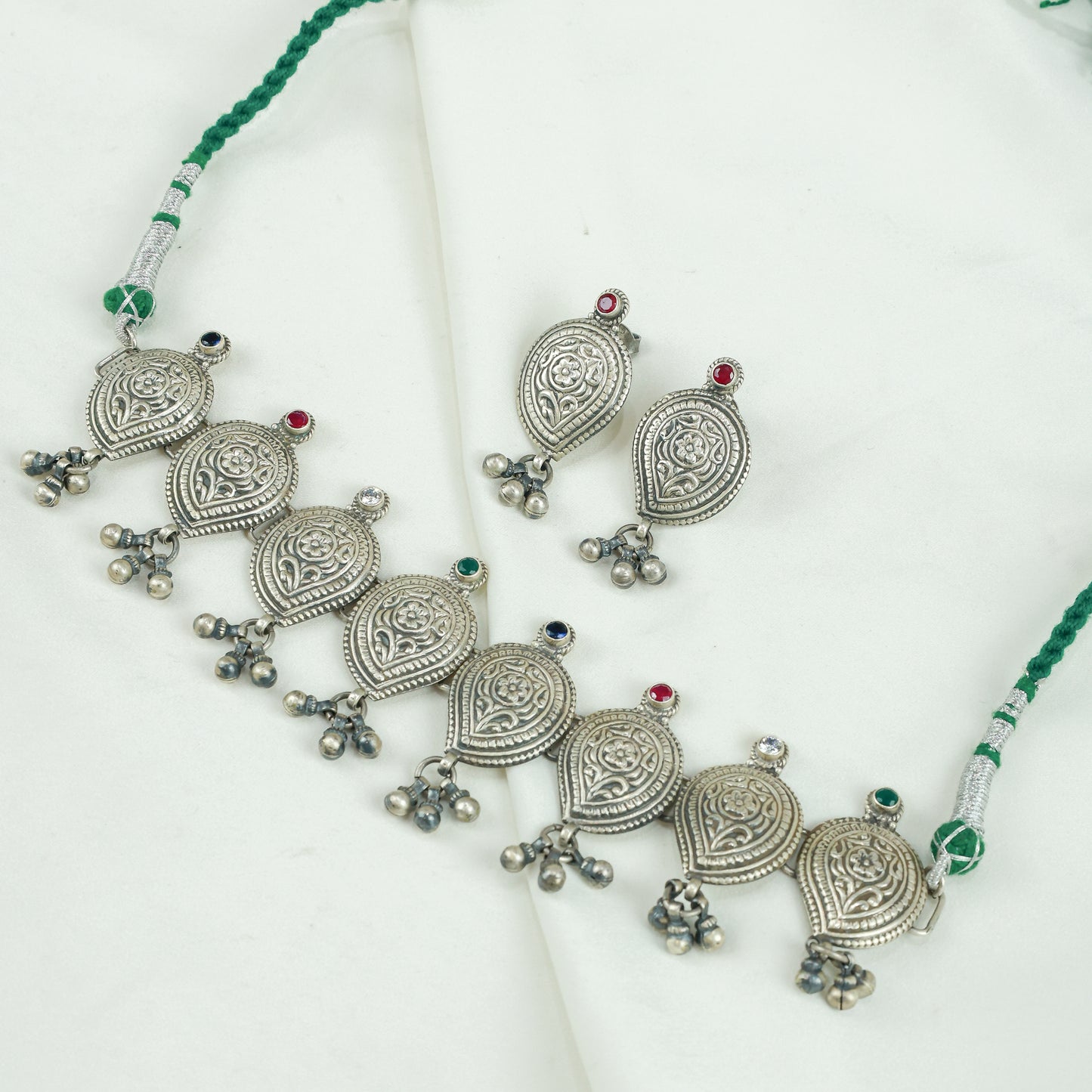 Peshwa Teardrop Multi Stone Silver Choker Necklace With Earrings
