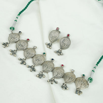 Peshwa Teardrop Multi Stone Silver Choker Necklace With Earrings