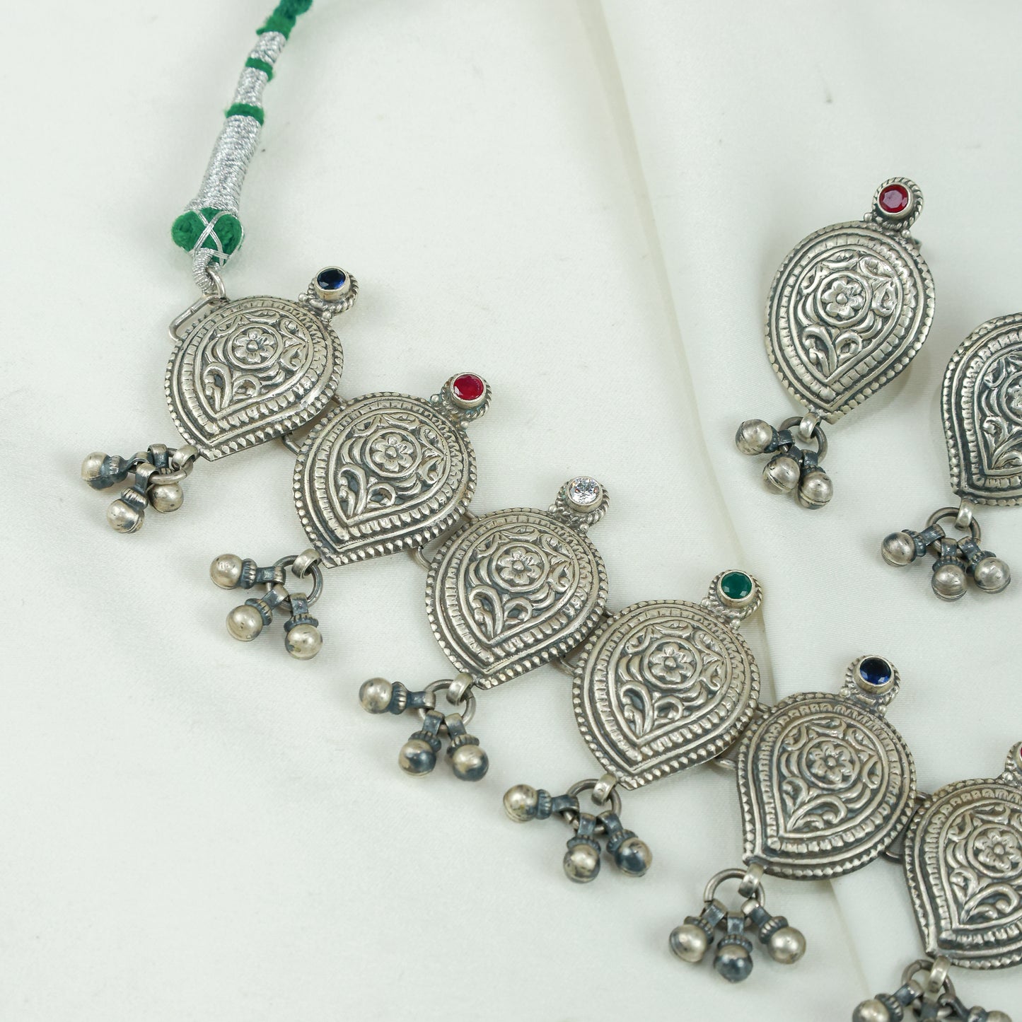 Peshwa Teardrop Multi Stone Silver Choker Necklace With Earrings