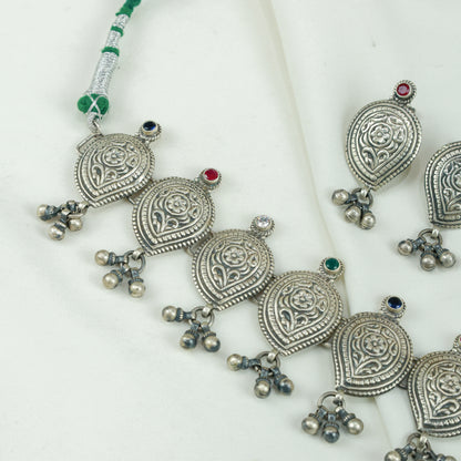 Peshwa Teardrop Multi Stone Silver Choker Necklace With Earrings