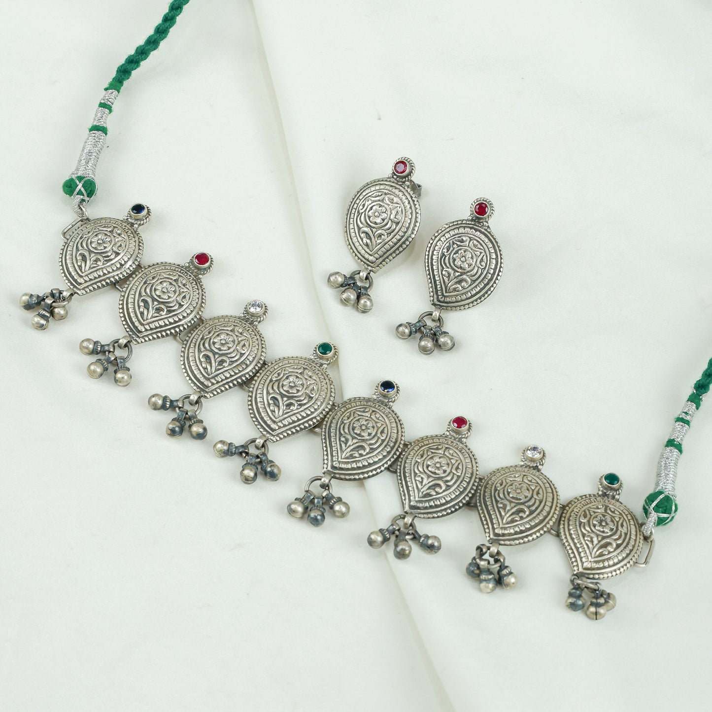 Peshwa Teardrop Multi Stone Silver Choker Necklace With Earrings