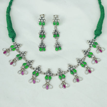 Ayushi Polki Floral Silver Choker Set With Earrings