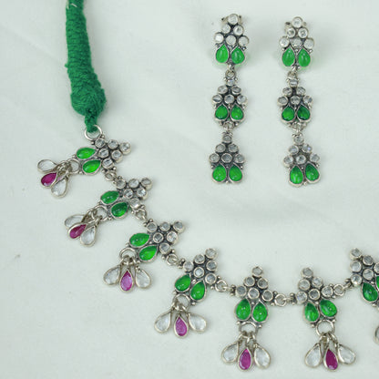 Ayushi Polki Floral Silver Choker Set With Earrings