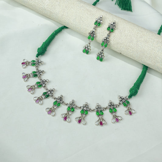 Ayushi Polki Floral Silver Choker Set With Earrings