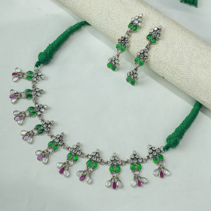 Ayushi Polki Floral Silver Choker Set With Earrings