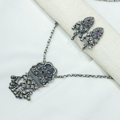 Tridha Tribal Statement Filigree Work and Ruby Necklace With Earrings