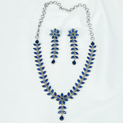 Ayushi Semiprecious Delicate Blue Flower Silver Necklace Set With Earrings