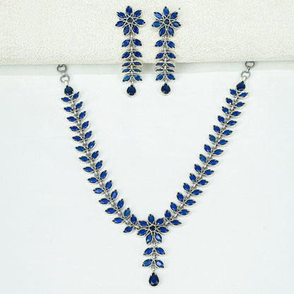 Ayushi Semiprecious Delicate Blue Flower Silver Necklace Set With Earrings