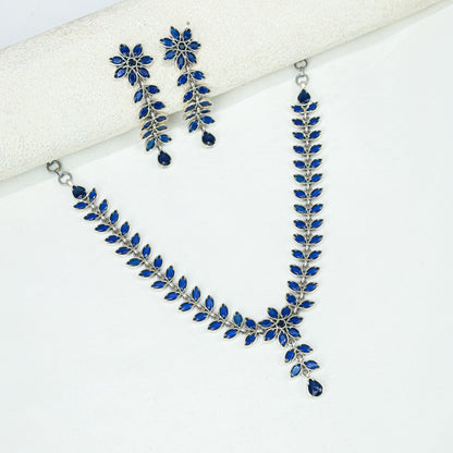 Ayushi Semiprecious Delicate Blue Flower Silver Necklace Set With Earrings