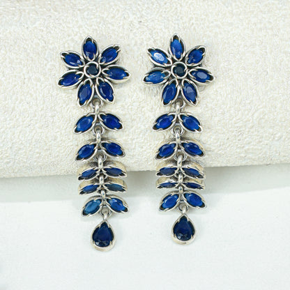 Ayushi Semiprecious Delicate Blue Flower Silver Necklace Set With Earrings