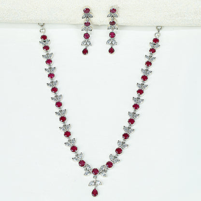 Ayushi Semiprecious Delicate Ruby & Zircon Flower Petal 925 Silver Necklace Set With Earrings
