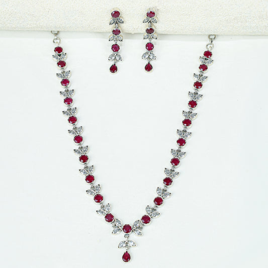 Ayushi Semiprecious Delicate Ruby & Zircon Flower Petal 925 Silver Necklace Set With Earrings