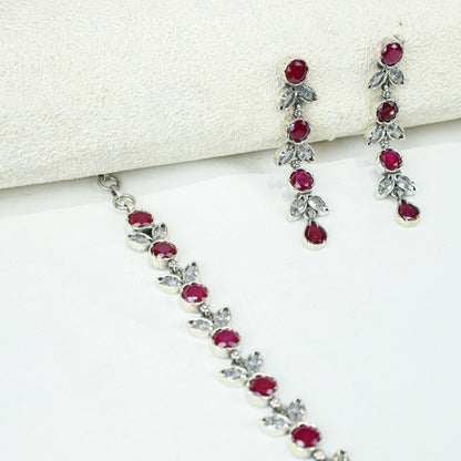 Ayushi Semiprecious Delicate Ruby & Zircon Flower Petal 925 Silver Necklace Set With Earrings