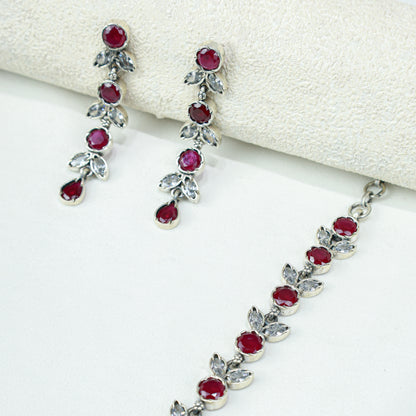Ayushi Semiprecious Delicate Ruby & Zircon Flower Petal 925 Silver Necklace Set With Earrings