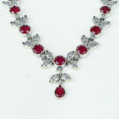 Ayushi Semiprecious Delicate Ruby & Zircon Flower Petal 925 Silver Necklace Set With Earrings